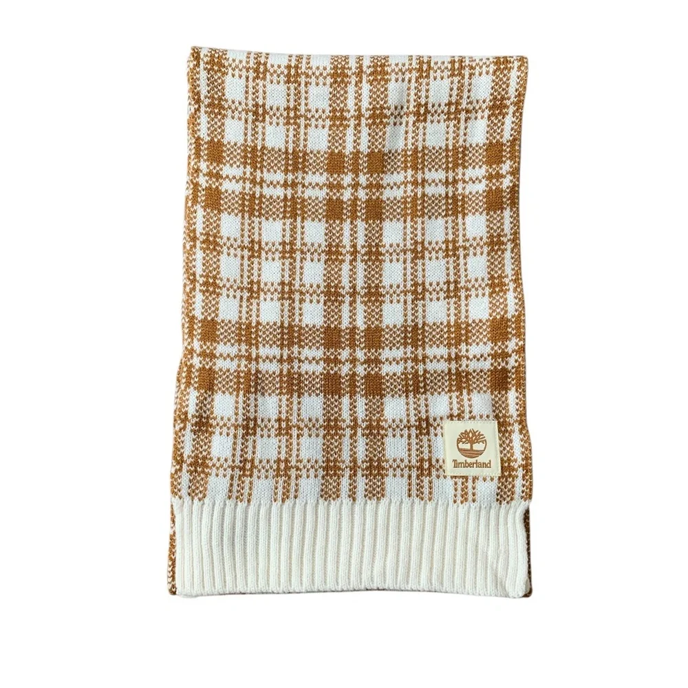 Timberland plaid‎ scarf tan camel brown cream winter layer preppy casual 72”